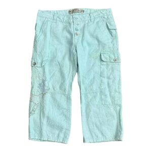 ANTHROPOLOGIE X Mur Mur Size‎ M Baby Blue Linen Embroidered Bird Cargo Capri